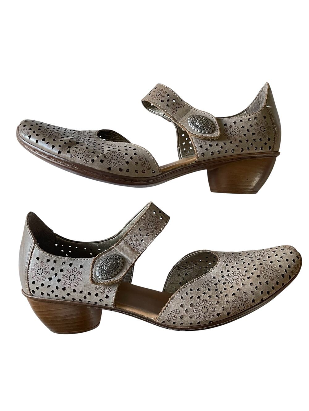 Rieker Women's Size 9.5 Mirjam Beige Perforated Leather Mary Jane Shoes Heels